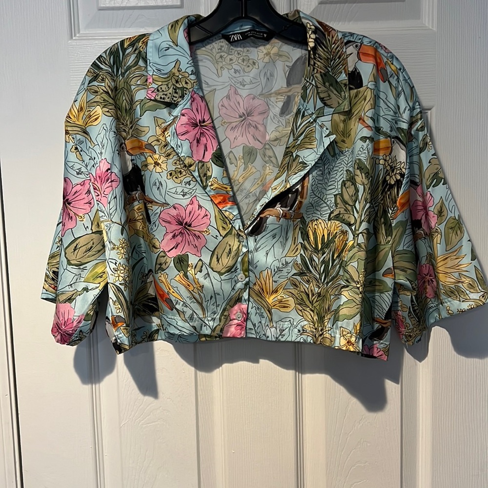 Zara Satin Tropical Print Crop Top